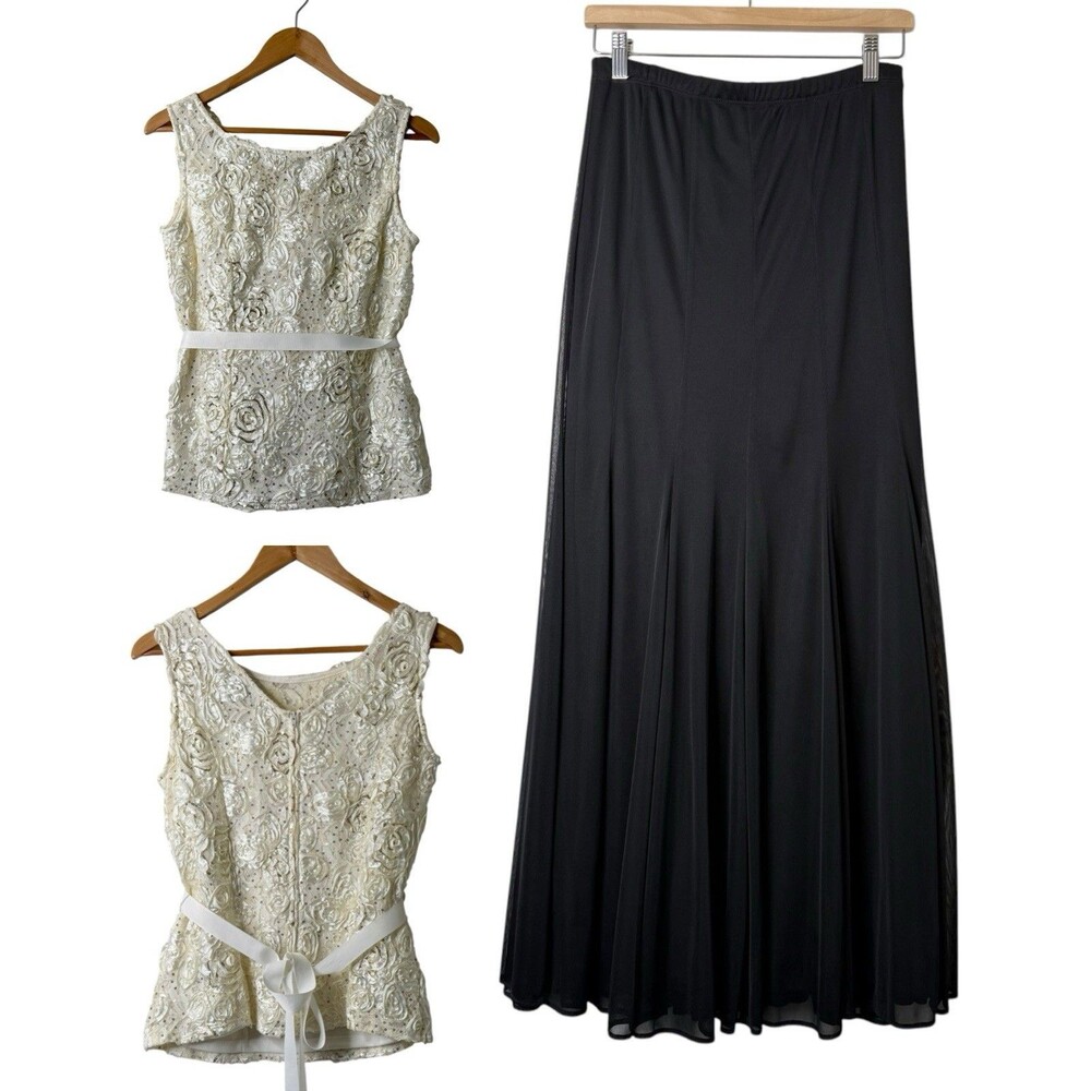 Vtg Onyx Nite Top & Maxi Flowy Skirt Set Sz S 3D Floral Sequin Evening Zip Ivory
